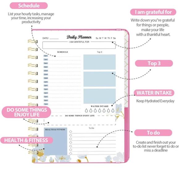 Daily Planner Organizer Undated Pink Task List Spiral Bound Notebook - Picture 6 of 6